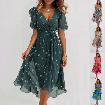 Floral Printed Chiffon Dress – Short Sleeve Summer Style