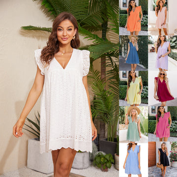 Jacquard Summer Cutout Lace Dress Women's – Sleeveless V-Neck with Pocket