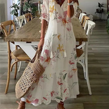 Mid Sleeve Floral Print Dress – Long Casual Outfit for Women
