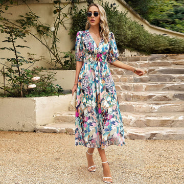 Slim Fit V-Neck Short Sleeve Style Summer Print Long Dress