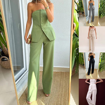 Trendy Strapless Top & Trousers Set – Summer Casual 2-Piece for Women
