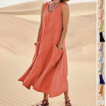 Loose Fit Sleeveless Dress – Long Pocket Dress for Summer