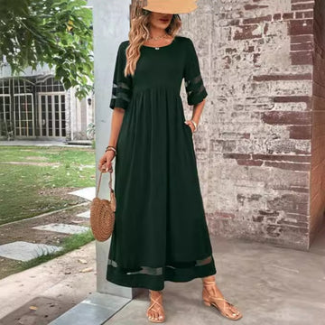 Round Neck Mesh Patchwork Dress – Mid Sleeve Pockets Design