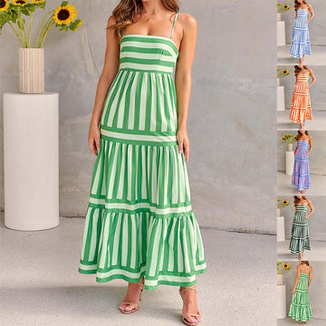 Chic Backless Beach Dress – Square Neck Striped Long Dress