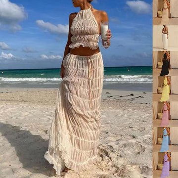 Women's 2-Piece Halter Top & Pleated Skirt Set – Sleeveless Backless Beach Outfit