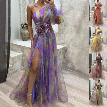 Tie-Dye Slit Women's Summer Dress – Off Shoulder Long Mesh Dress