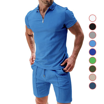 Men’s Summer Casual Set – Short Sleeve Zipper Shirt & Shorts