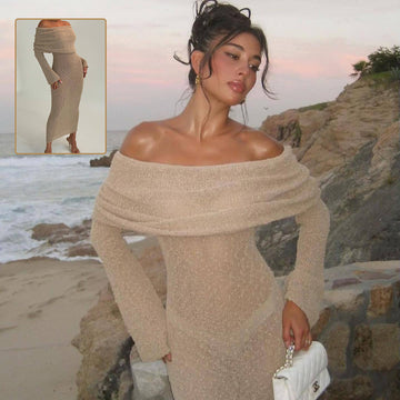 Knitted Holiday Maxi Dress – One Shoulder Long Sleeve Look
