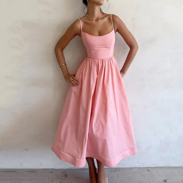 Casual Solid Suspender Dress – Sweet Print Spaghetti Strap Look