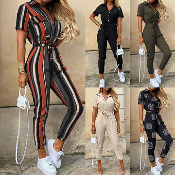 Printed Jumpsuit with Lapel Belted