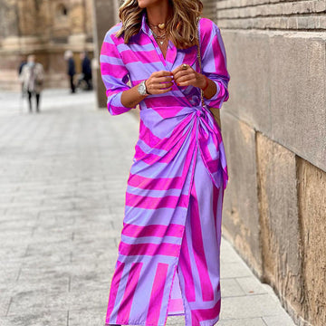 European Style Cardigan Dress – Lace-Up Striped Print