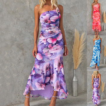 Casual One-Shoulder Floral Print Summer Women’s Long Dress