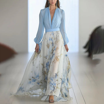 Printed Maxi Style Patchwork V-Neck Long Sleeve Dress