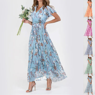 Boho Ruffle Floral Short Sleeve Summer Dress – Beach Style for Women