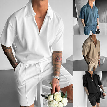 Men’s Casual Summer Tracksuit – Short Sleeve Zipper Tee & Shorts