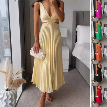 Women's Backless Hallow Waist Long Dress – V-Neck Pleated Summer Style