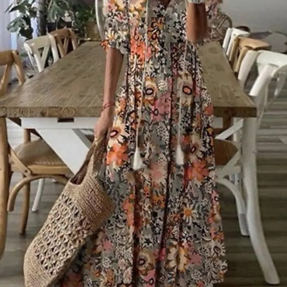 Mid Sleeve Floral Print Dress – Long Casual Outfit for Women