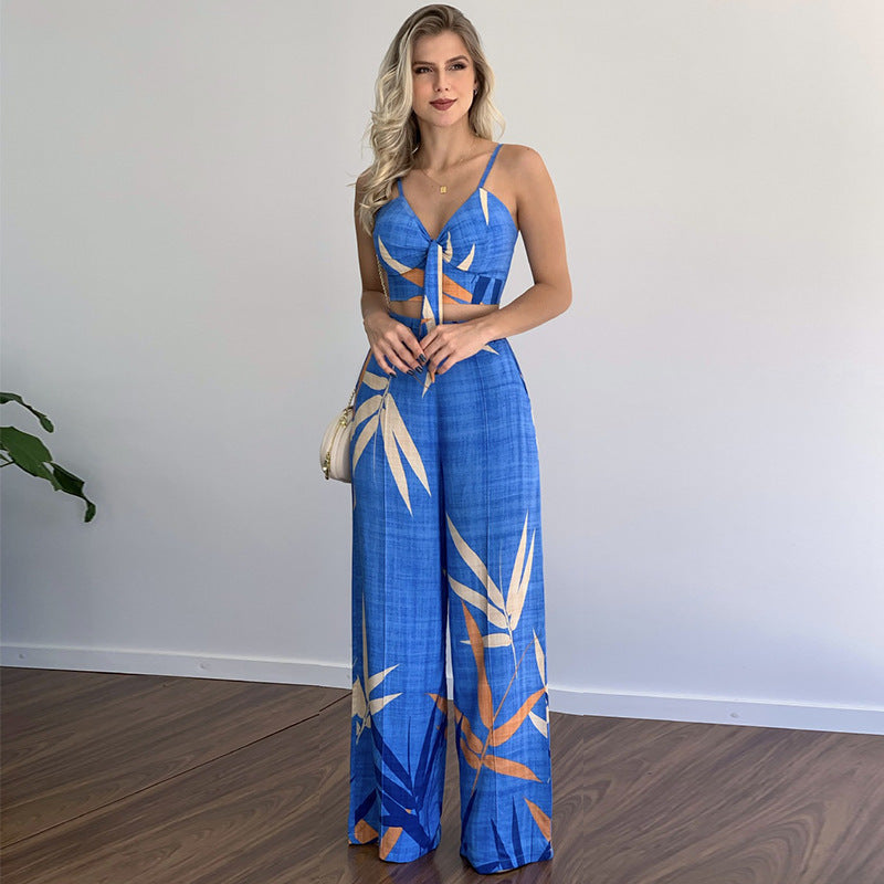 Boho Summer Linen Two Piece Set – V-Neck Vest and Flowy Printed Pants