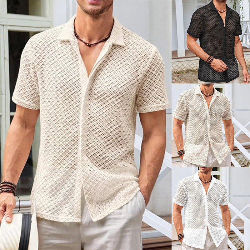 Men’s Fashion Lapel Mesh Shirt – Summer Beach Style