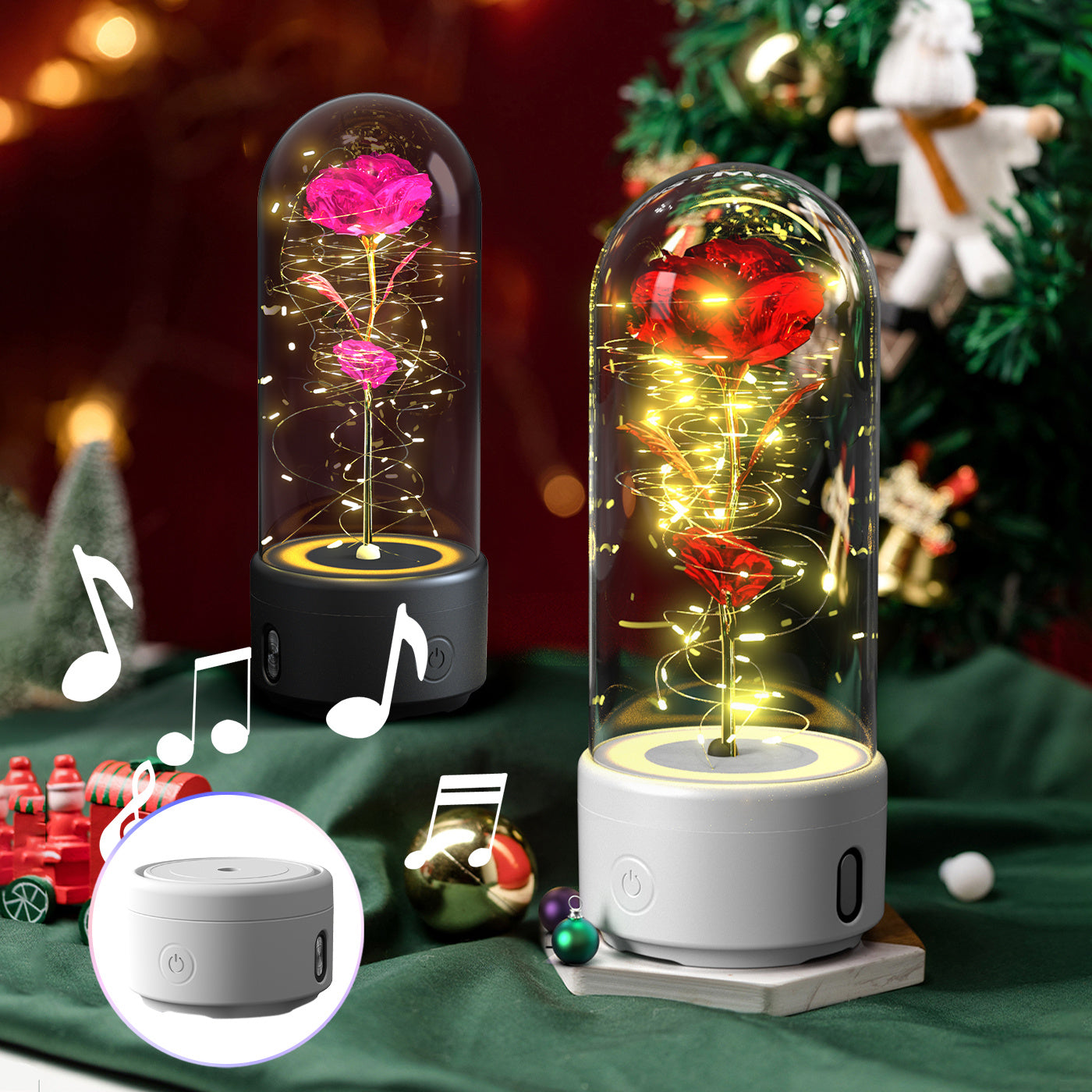 Luminous Rose Speaker & LED Light – Glass Dome Ornament