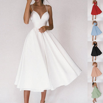 Elegant V-Neck Suspender Dress – A-Line Summer Long Dress