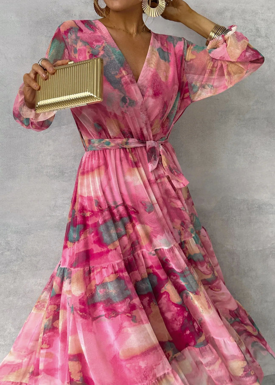 Chiffon Floral Summer Maxi Dress – Pleated High Waist Long Dress