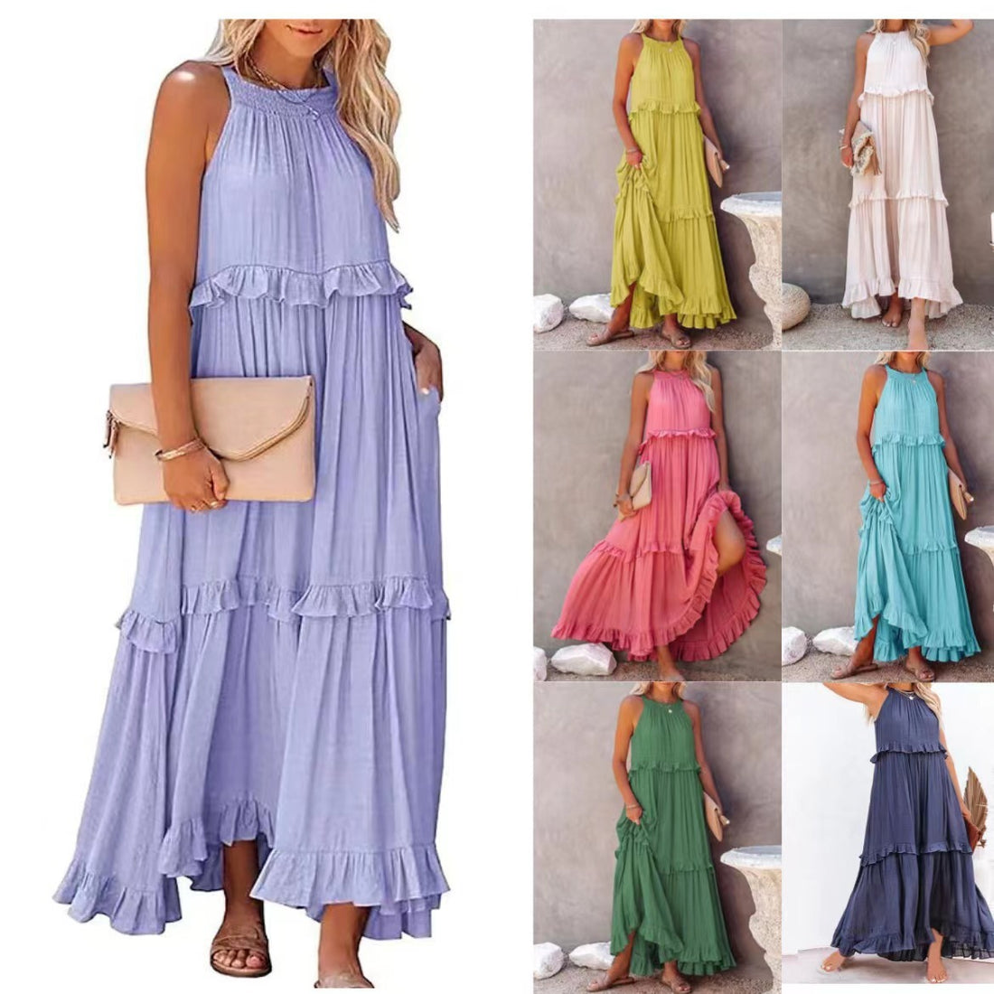 Boho Ruffle Layered Long Dress – Sleeveless Summer Look