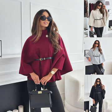 Women's Stylish Belted Cape Sweater with Batwing Sleeves