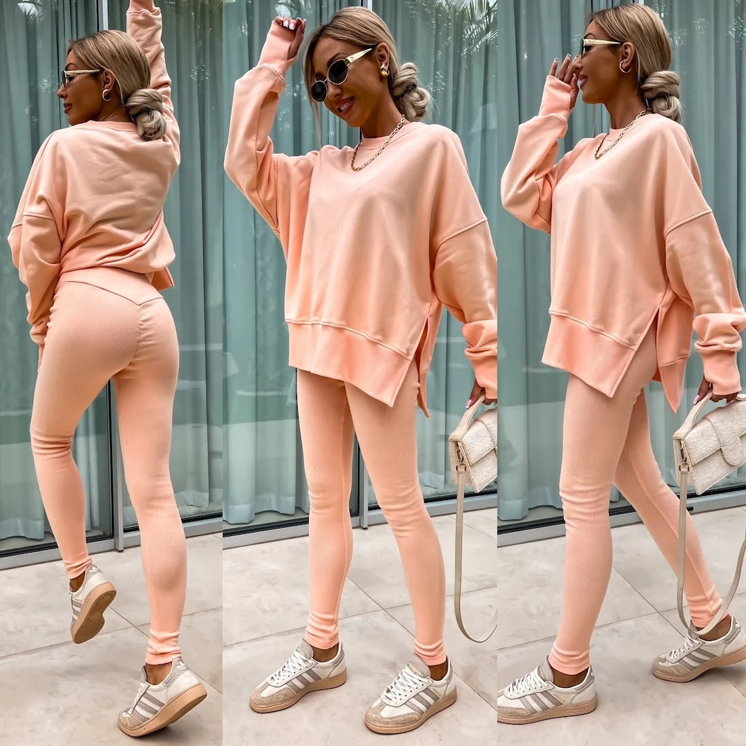 Women’s Casual Sweater Set – Top with Side Split & Tight Pants
