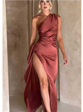 Women Elegant Satin One-Shoulder Backless Slit Dress – Summer Slim Fit