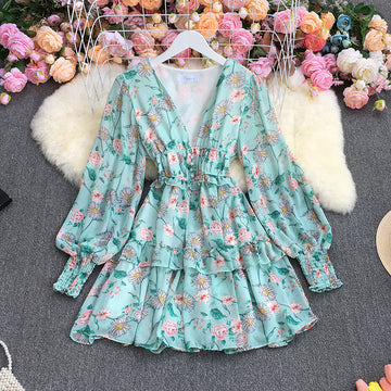 Ruffle Edge Puff Sleeve Dress – Flattering V-Neck Design