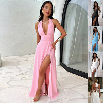 Backless Summer Halterneck V-Neck Slit Dress – Sexy Strappy Dress for Women
