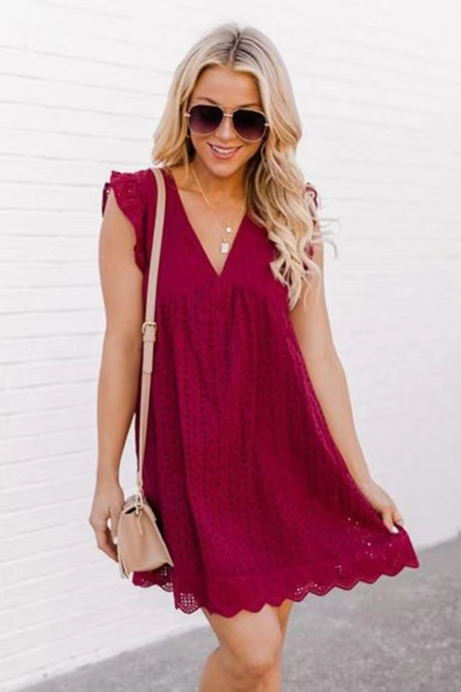 Jacquard Summer Cutout Lace Dress Women's – Sleeveless V-Neck with Pocket