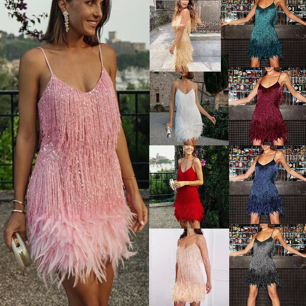 Sequin Feather Tassel Mini Dress – Elegant Party Clubwear