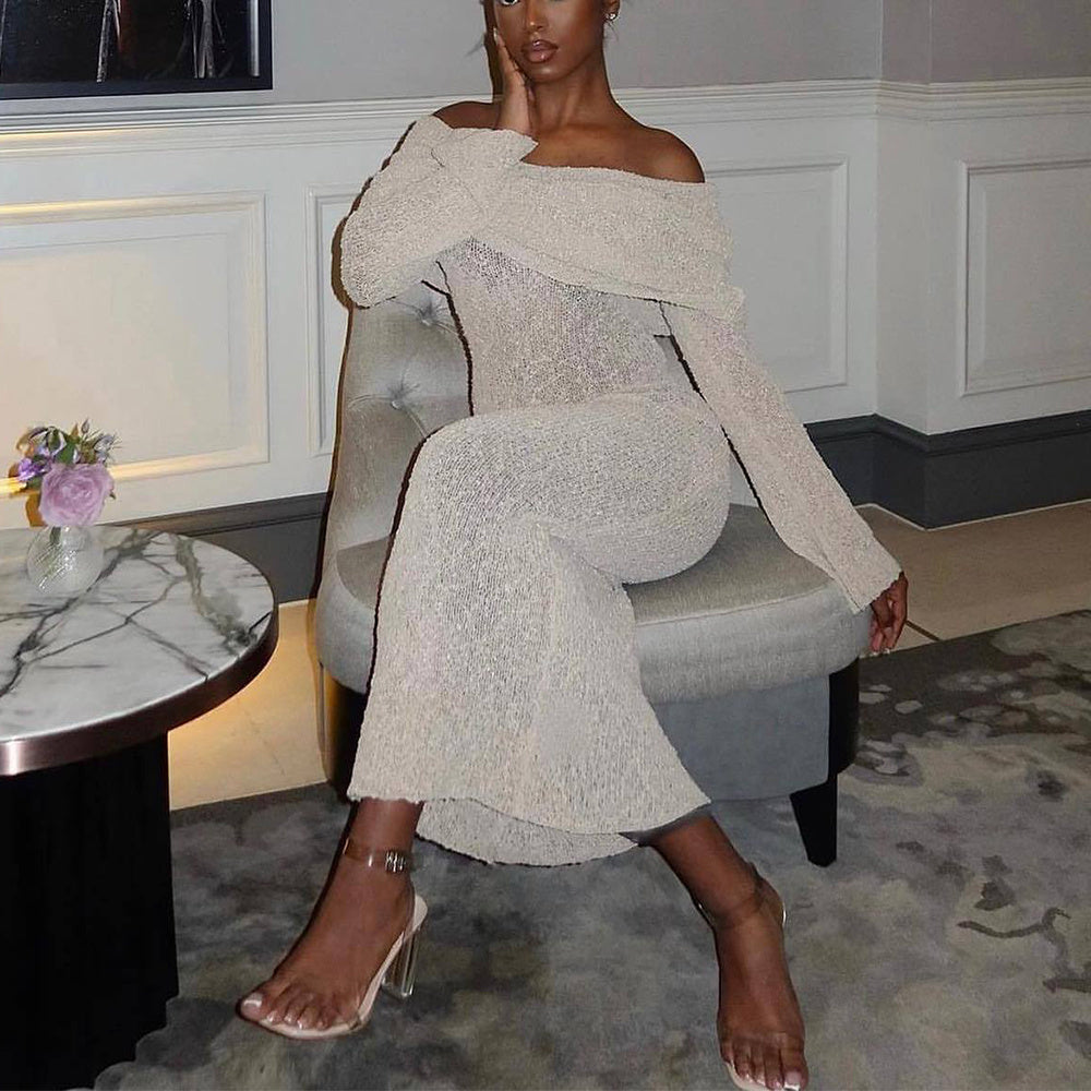 Knitted Holiday Maxi Dress – One Shoulder Long Sleeve Look