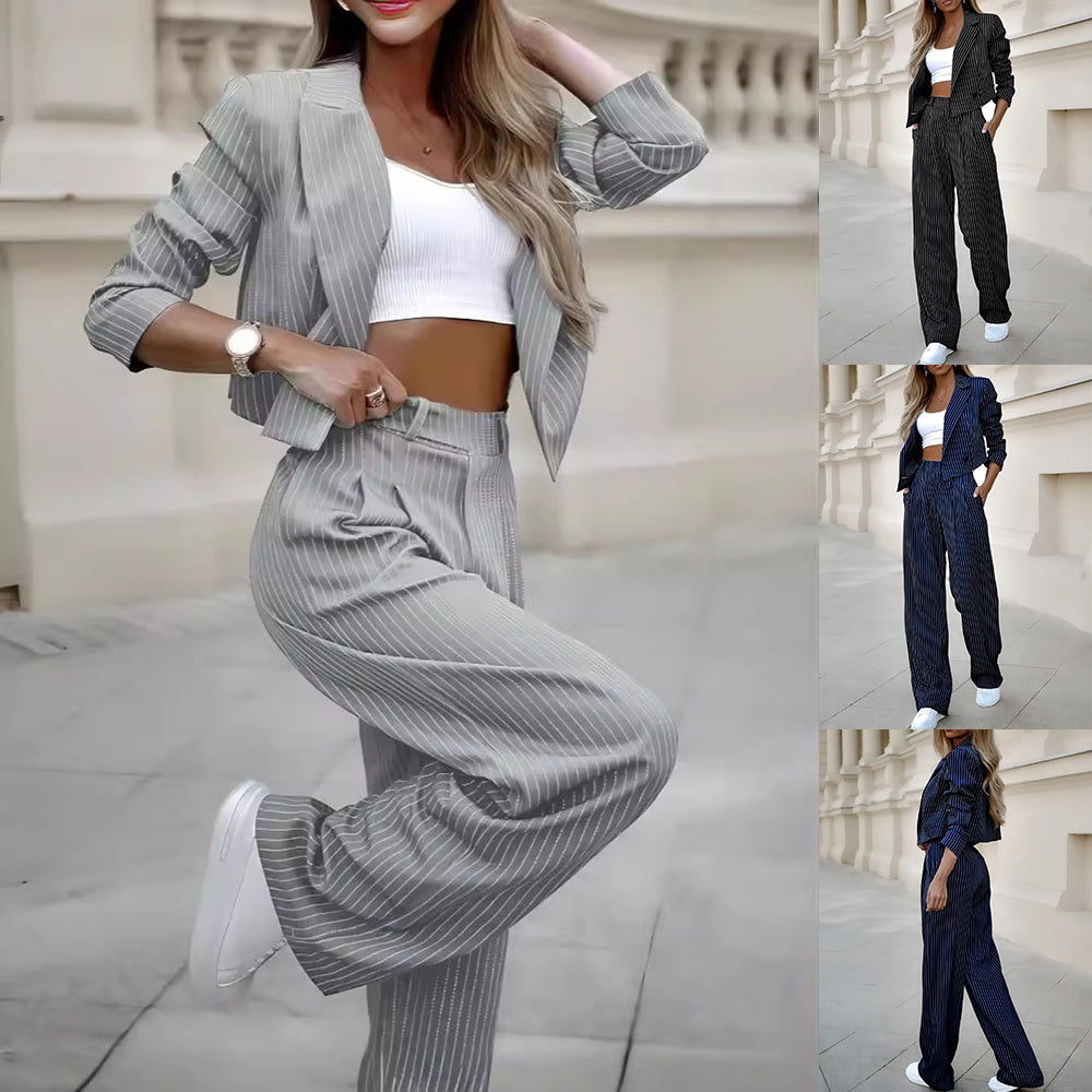 Women's Casual Striped Outfit – Lapel Top & Straight Pants Set