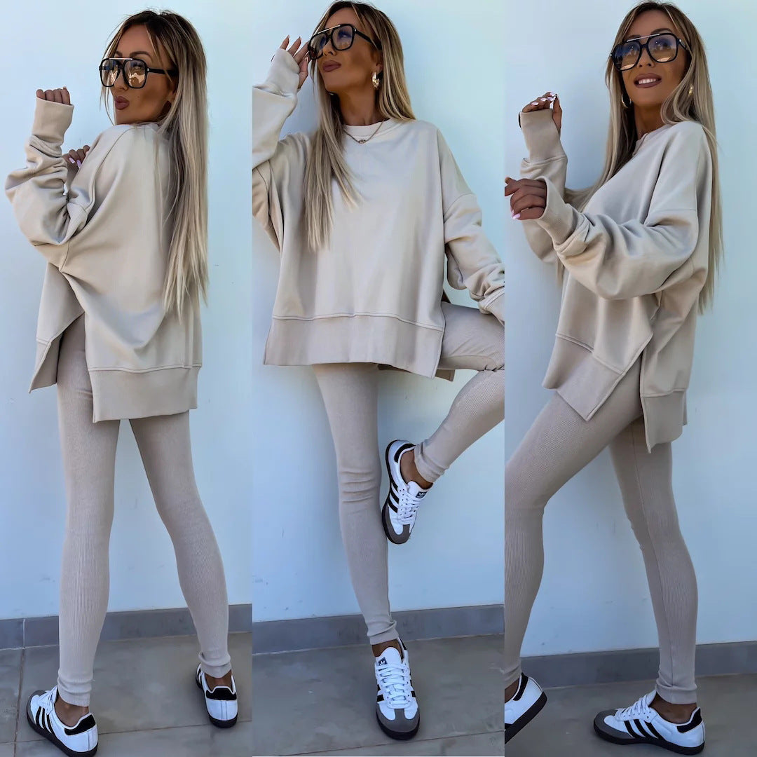 Women’s Casual Sweater Set – Top with Side Split & Tight Pants