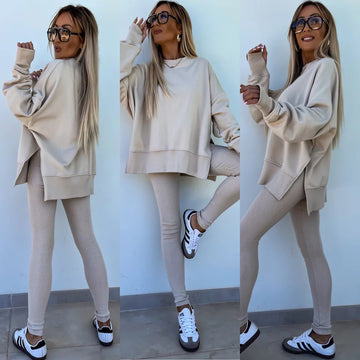 Women’s Casual Sweater Set – Top with Side Split & Tight Pants