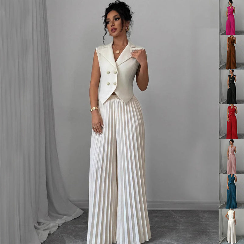 Women's Summer Vest & Pleated Pants Set - Sleeveless Button Top & Trousers