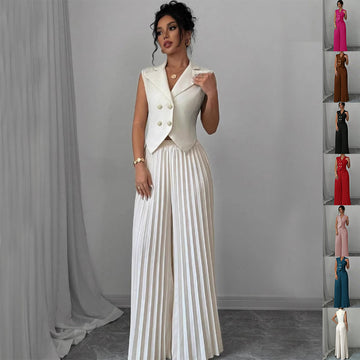 Women's Summer Vest & Pleated Pants Set - Sleeveless Button Top & Trousers