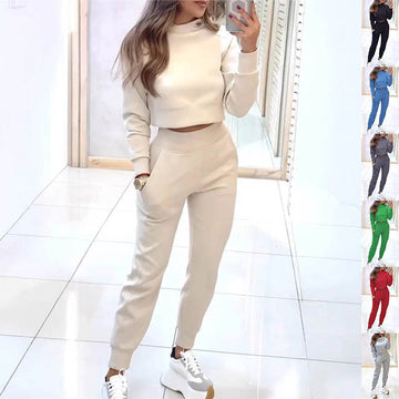 Sports Suit Stand Collar Fashion Long-sleeves Short Top And Slim Trousers With Pockets