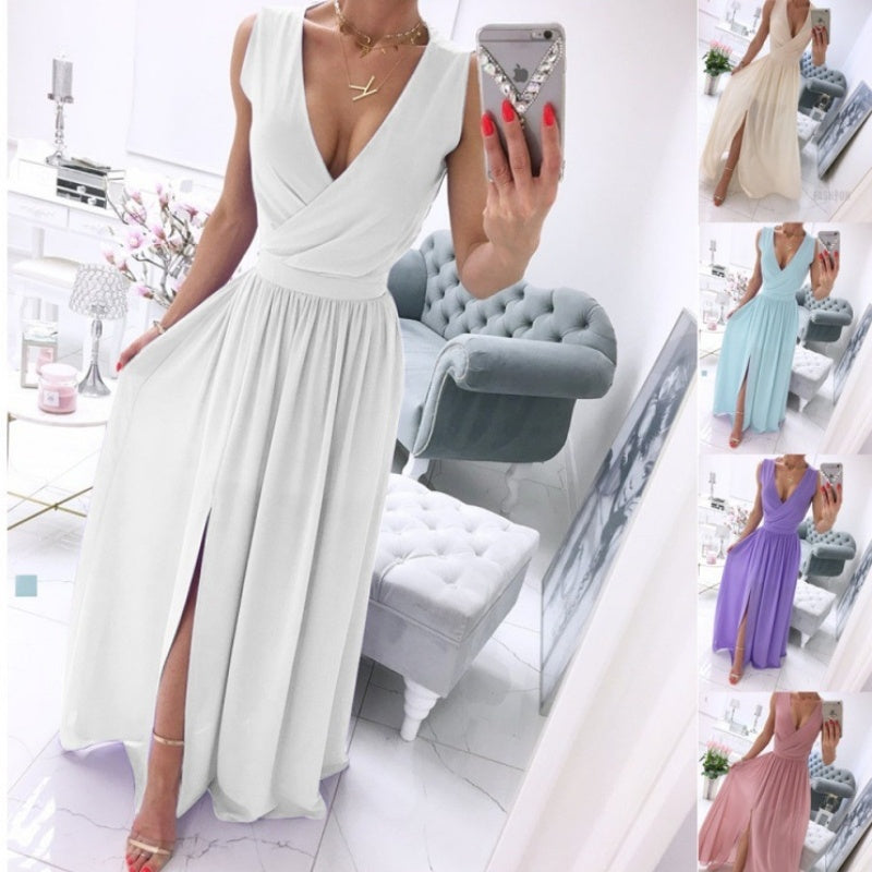 Women's V-Neck Sleeveless Summer Maxi Dress with Front Split