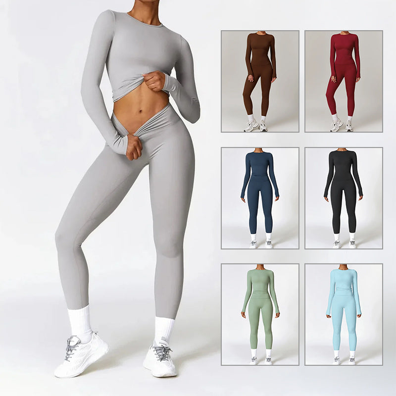 Seamless Fitness Tracksuit for Women – Long Sleeve Gym Top & Compression Leggings