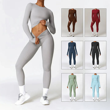 Seamless Fitness Tracksuit for Women – Long Sleeve Gym Top & Compression Leggings