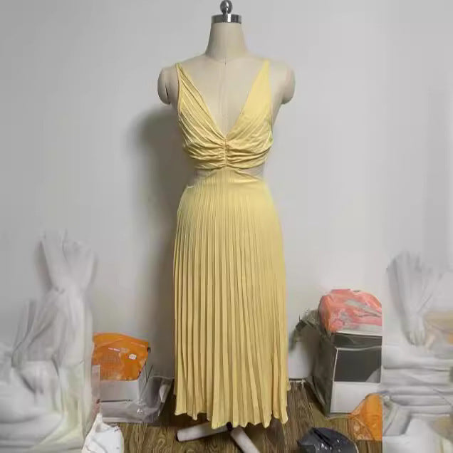 Women's Backless Hallow Waist Long Dress – V-Neck Pleated Summer Style