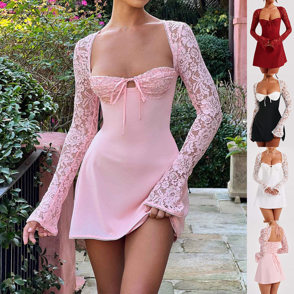 Backless Corset Mini Dress – Lace Long Sleeve Y2K Style