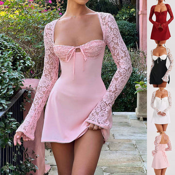 Backless Corset Mini Dress – Lace Long Sleeve Y2K Style