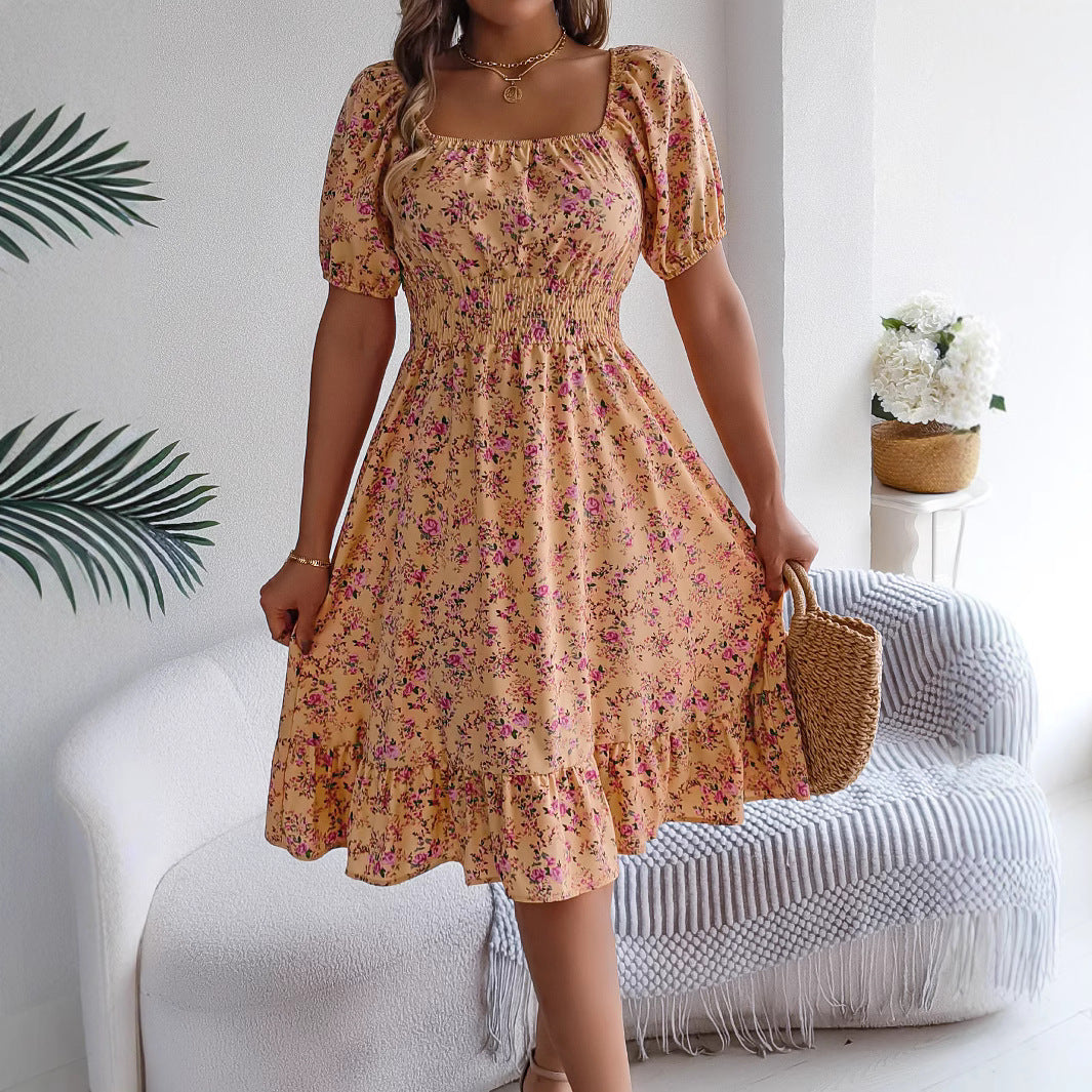 Women’s Summer Floral Dress – Square Neck & Ruffles