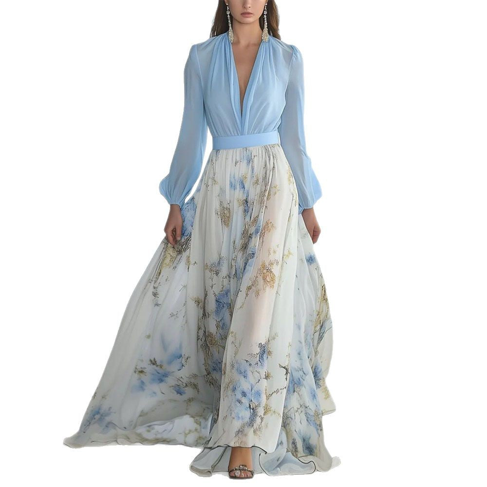 Printed Maxi Style Patchwork V-Neck Long Sleeve Dress