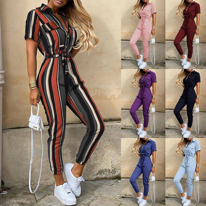 Printed Jumpsuit with Lapel Belted